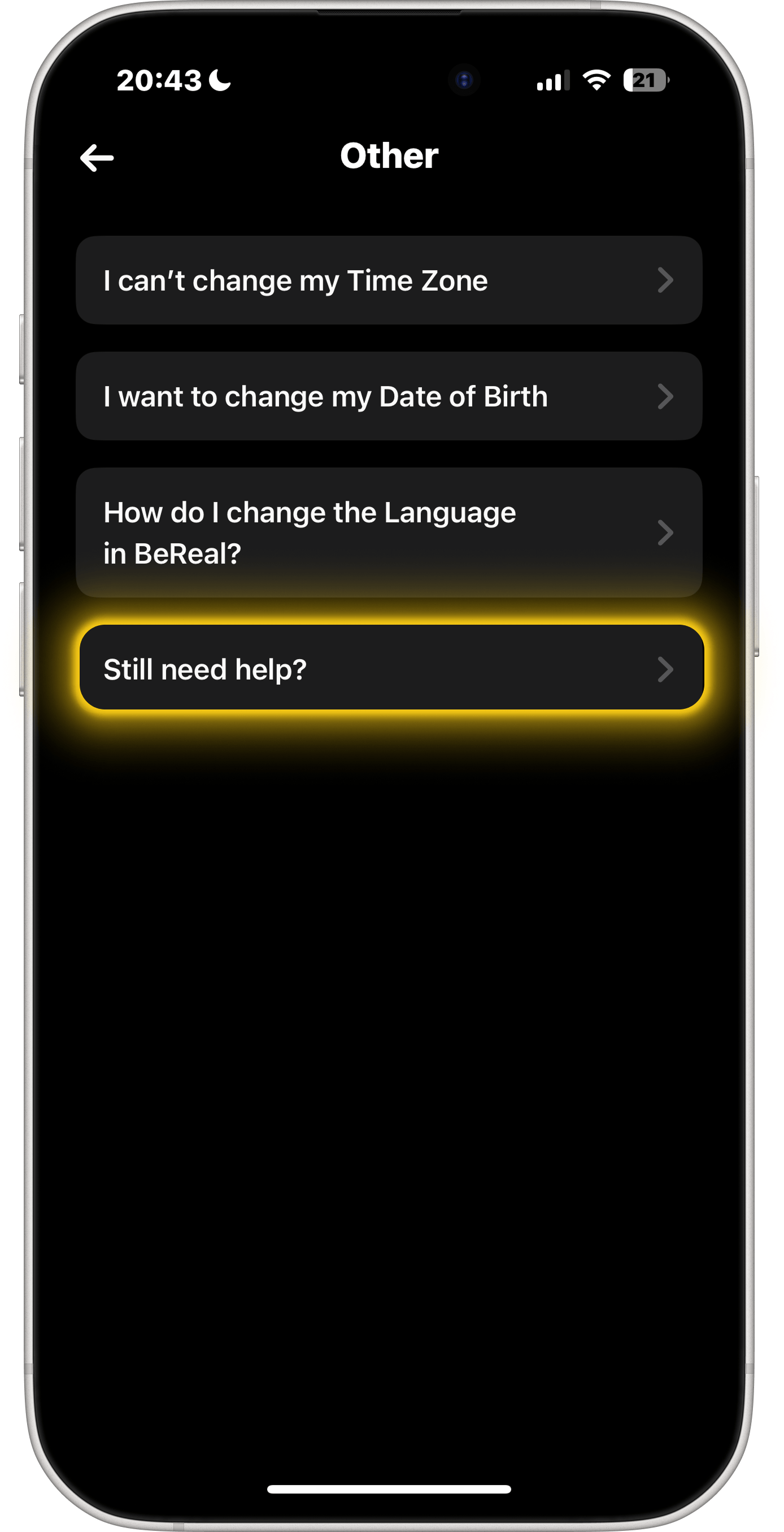 BeReal Annat-skärm — tryck på Behöver du fortfarande hjälp?